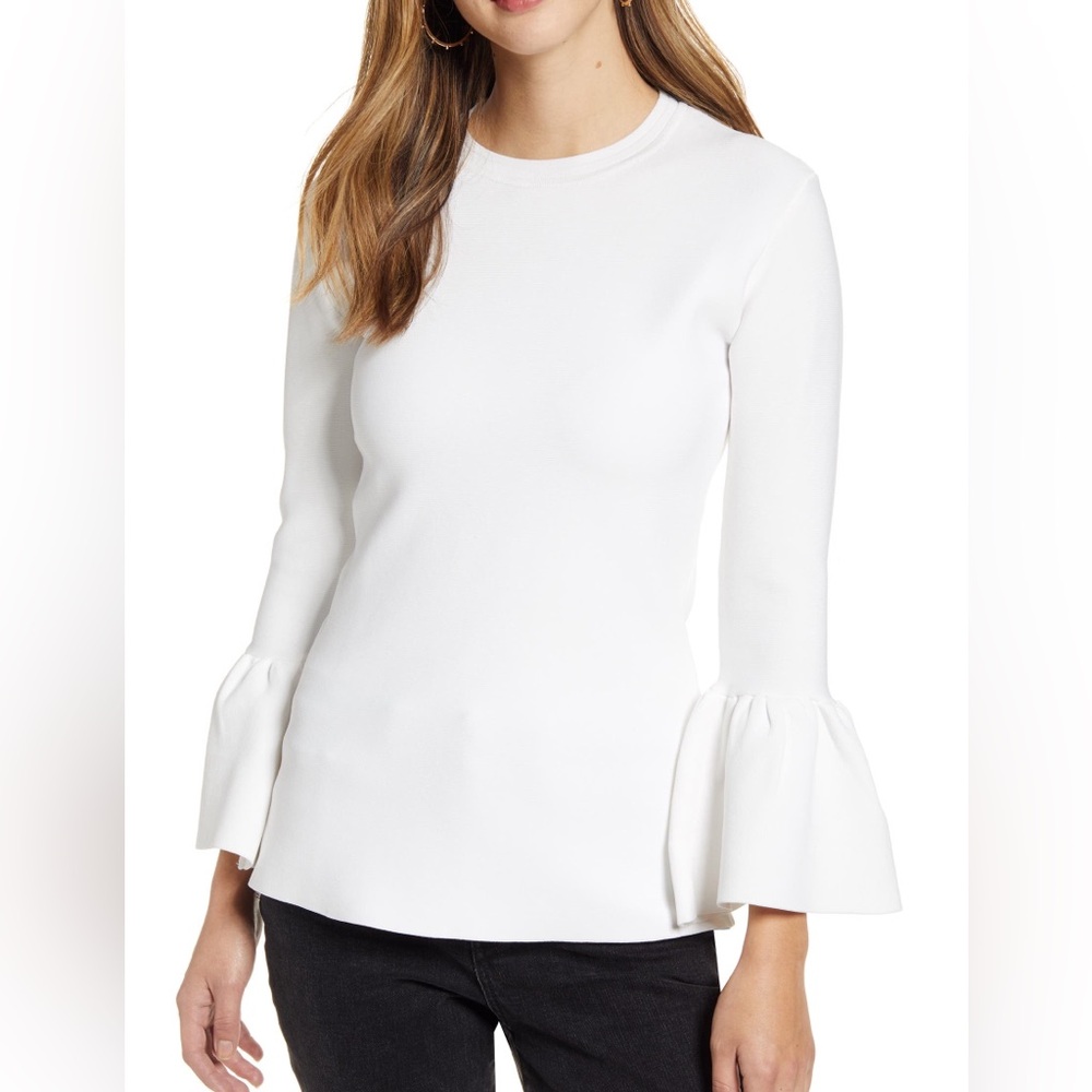 Rachel Parcell Exaggerated Bell Sleeve Sweater Top Size XL White Quiet Luxury